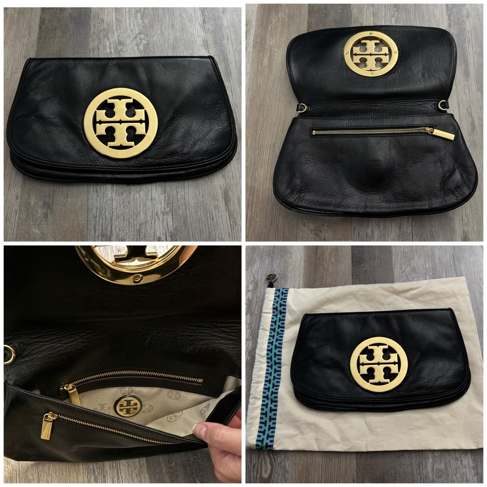 Tory Burch - black with gold metal logo - iconic clutch - with dust bag